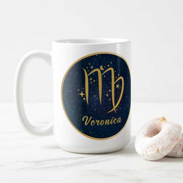 Virgo the Maiden zodiac symbol gold personalized Coffee Mug (With Donut)