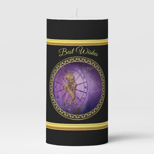 virgo Zodiac Astrology black and gold texture Pillar Candle (Front)