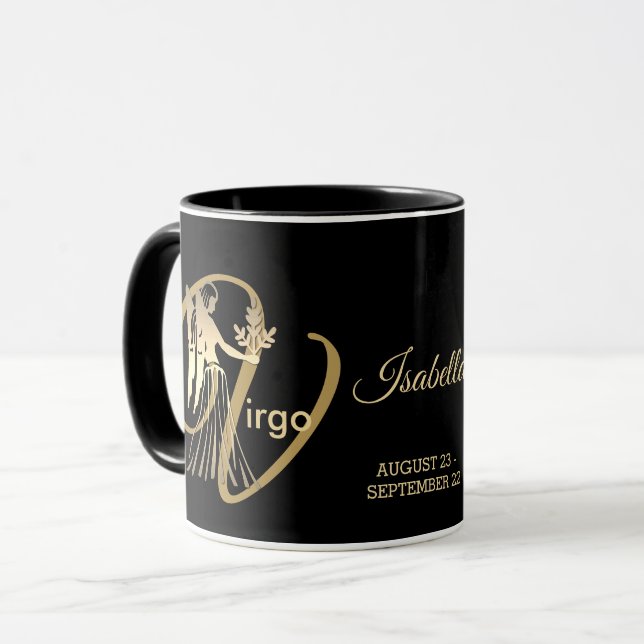 Virgo ♍ Zodiac Birthday Sign / Black and Gold Mug (Front Left)