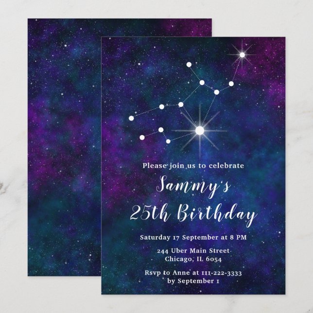 Virgo Zodiac Constellation Birthday Party Invitation (Front/Back)