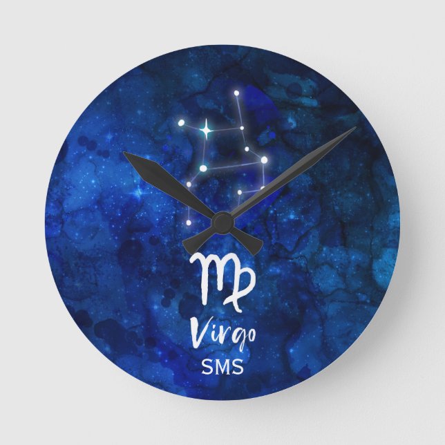 Virgo Zodiac Constellation Blue Galaxy Monogram Round Clock (Front)