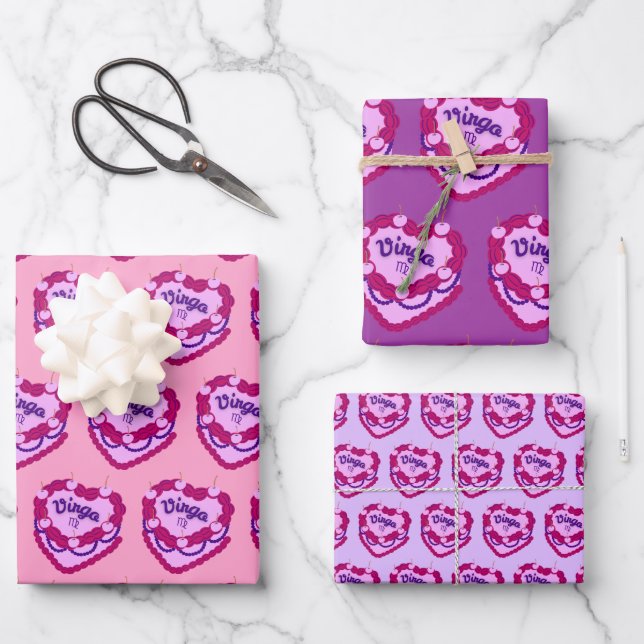 Virgo Zodiac Coquette Heart Birthday Cake Wrapping Paper Sheets (Front)