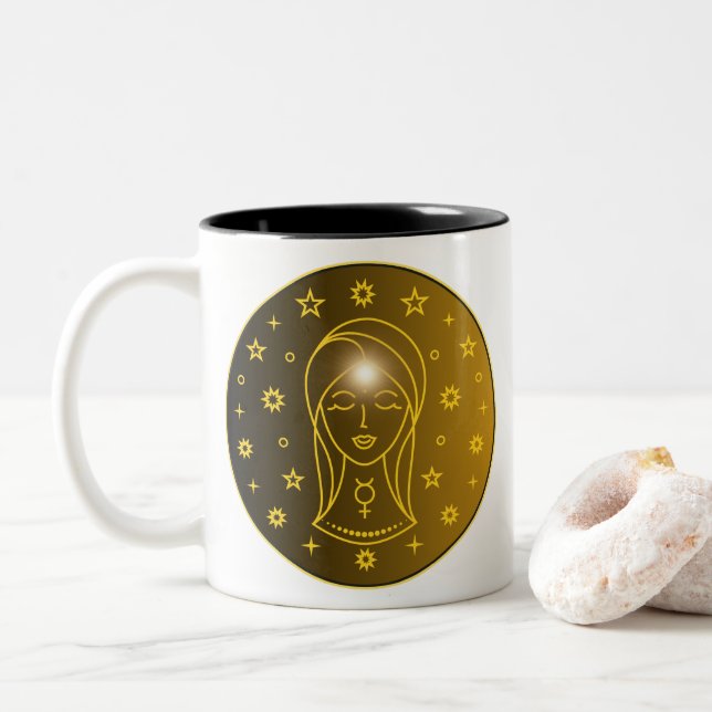 Virgo Zodiac Emblem | Minimal Celestial Symbol Two-Tone Coffee Mug (With Donut)