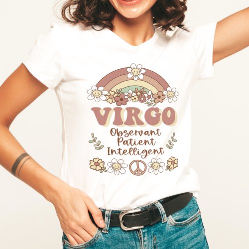 Virgo Zodiac Groovy Retro Floral Rainbow T_Shirt