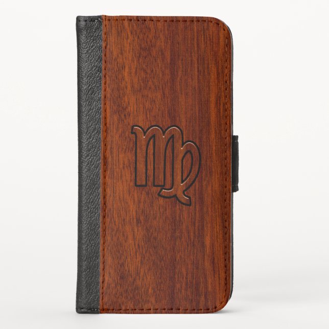 Virgo Zodiac in Mahogany wood style iPhone Wallet Case (Front)