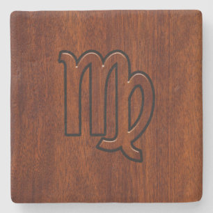 Virgo Zodiac in Mahogany wood style Stone Coaster