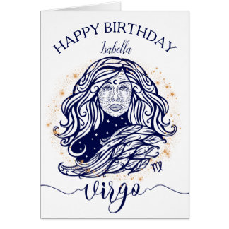 Virgo Zodiac Navy & Gold Monochrome Birthday Card