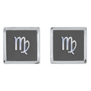 Virgo Zodiac on Charcoal Carbon Fiber Print Silver Cufflinks