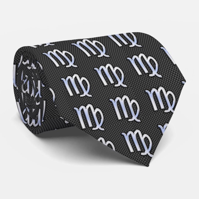 Virgo Zodiac on Charcoal Carbon Fiber Print Tie (Rolled)