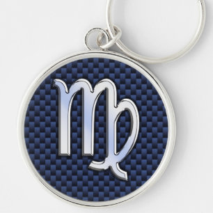 Virgo Zodiac on Navy Blue Carbon Fiber Print Style Keychain