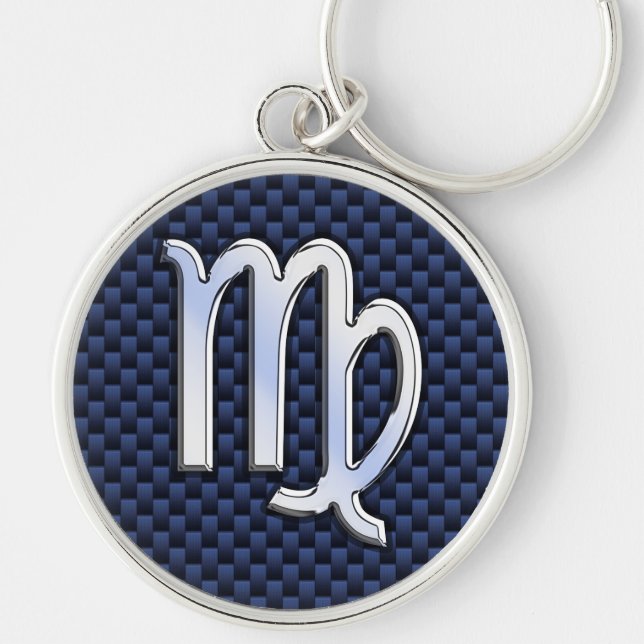 Virgo Zodiac on Navy Blue Carbon Fiber Print Style Keychain (Front)