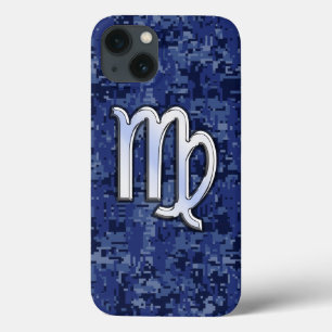 Virgo Zodiac on Navy Blue Digital Camo Decor iPhone 13 Case