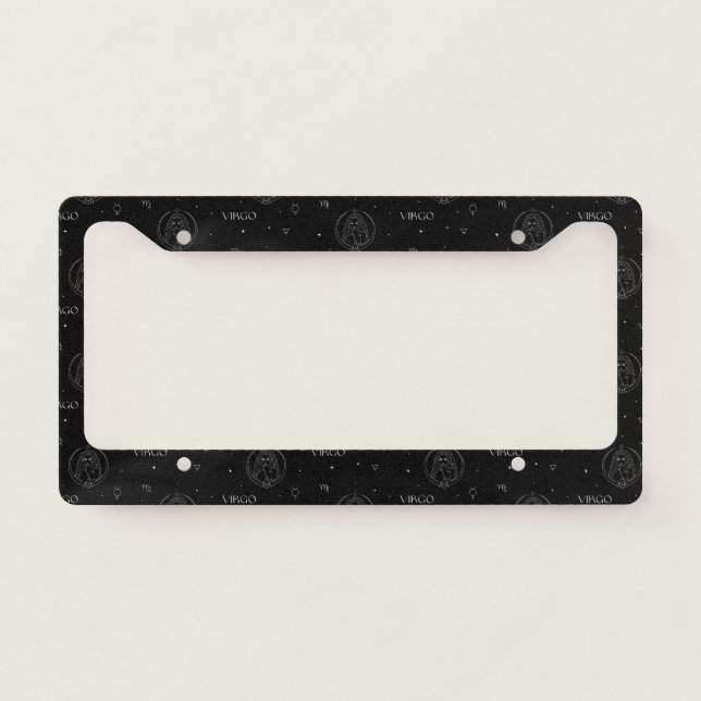 Virgo Zodiac Pattern in Black and White License Plate Frame (Front)