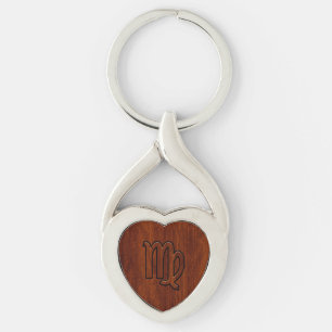 Virgo Zodiac Sign in Mahogany wood style Keychain