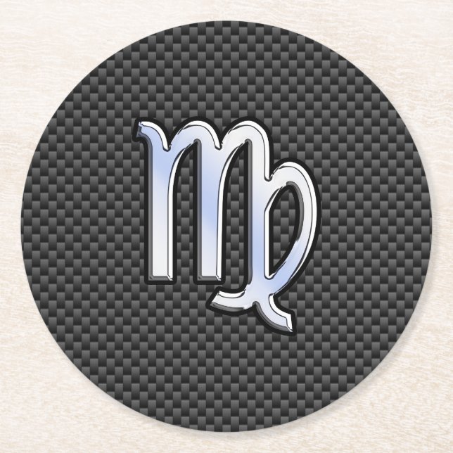 Virgo Zodiac Sign on Charcoal Carbon Fiber Print Round Paper Coaster (Front)