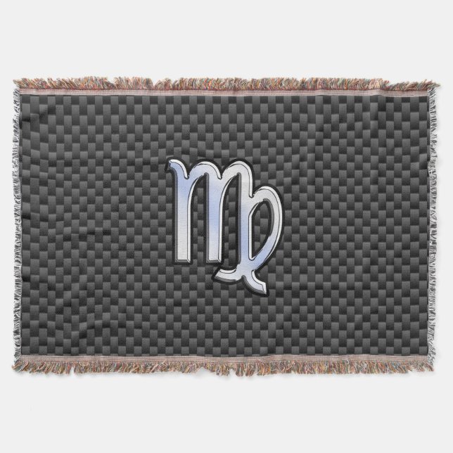 Virgo Zodiac Sign on Charcoal Carbon Fiber Style Throw Blanket (Front)