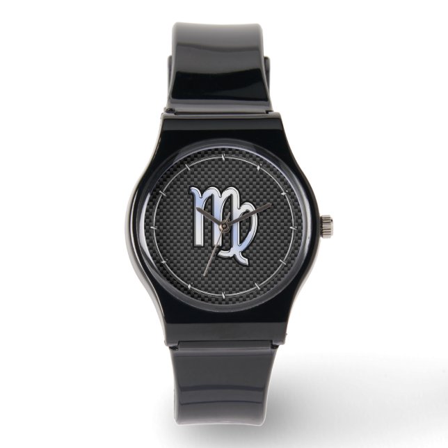 Virgo Zodiac Sign on Charcoal Carbon Fiber Style Watch (Front)
