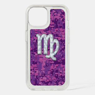 Virgo Zodiac Sign on Fuchsia Digital Camouglage iPhone 15 Case