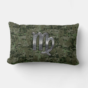 Virgo Zodiac Sign on Green Digital Camo Style Lumbar Pillow