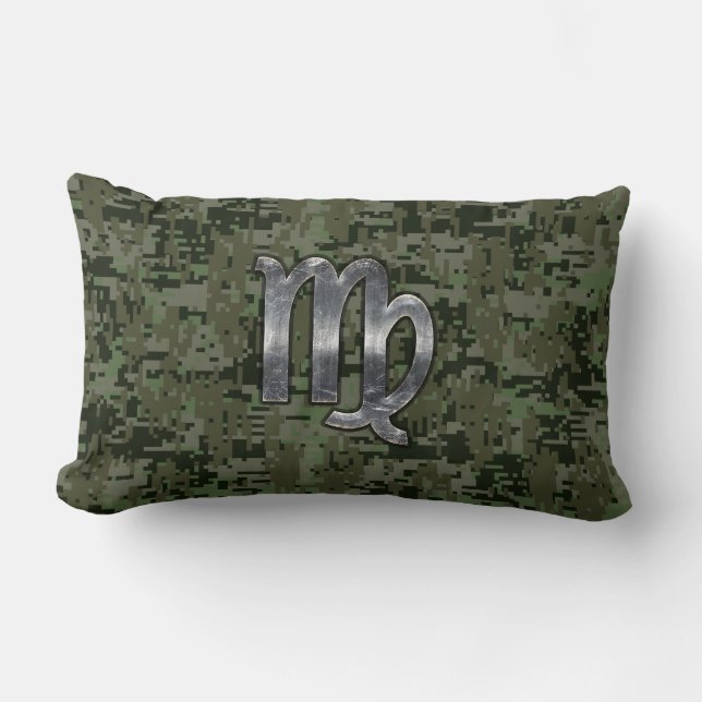 Virgo Zodiac Sign on Green Digital Camo Style Lumbar Pillow (Front)