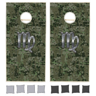 Virgo Zodiac Sign on Military Green Digital Camo Cornhole Set