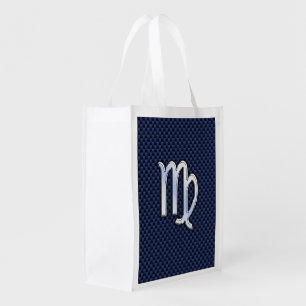 Virgo Zodiac Sign on Navy Blue Carbon Fiber Print Grocery Bag