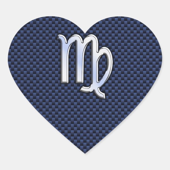 Virgo Zodiac Sign on Navy Blue Carbon Fiber Print Heart Sticker (Front)