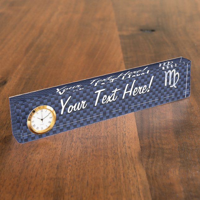 Virgo Zodiac Sign on Navy Blue Carbon Fiber Print Nameplate (Side)