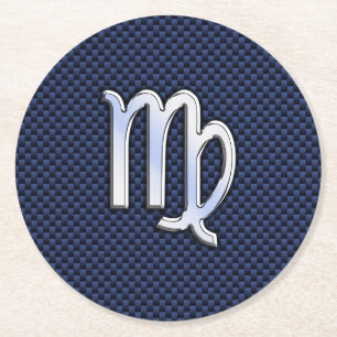 Virgo Zodiac Sign on Navy Blue Carbon Fiber Print Round Paper Coaster