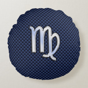 Virgo Zodiac Sign on Navy Blue Carbon Fiber Print Round Pillow
