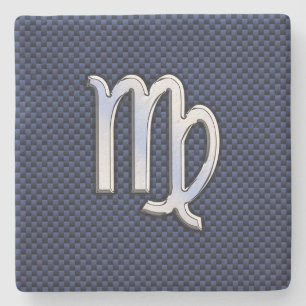 Virgo Zodiac Sign on Navy Blue Carbon Fiber Print Stone Coaster