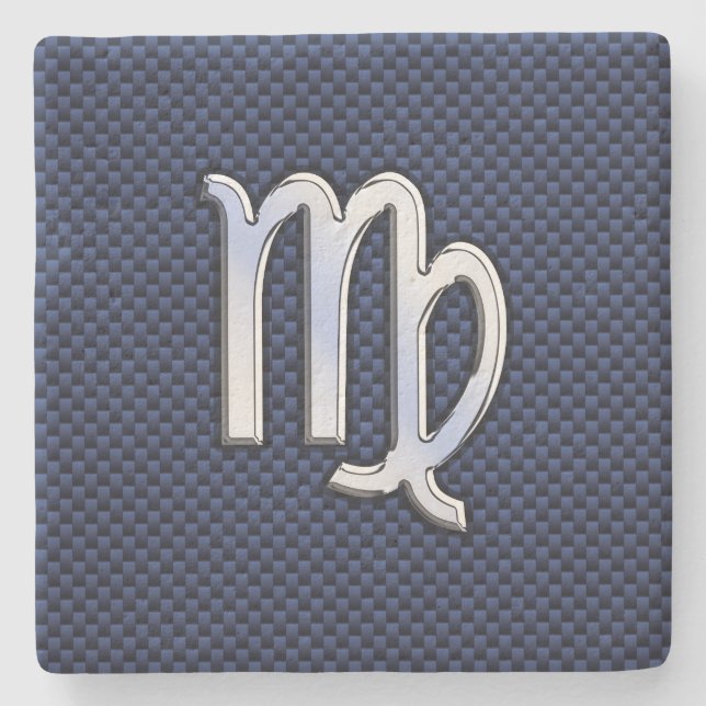 Virgo Zodiac Sign on Navy Blue Carbon Fiber Print Stone Coaster (Front)
