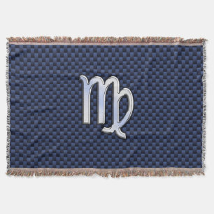 Virgo Zodiac Sign on Navy Blue Carbon Fiber Print Throw Blanket