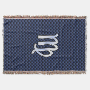 Virgo Zodiac Sign on Navy Blue Carbon Fiber Print Throw Blanket