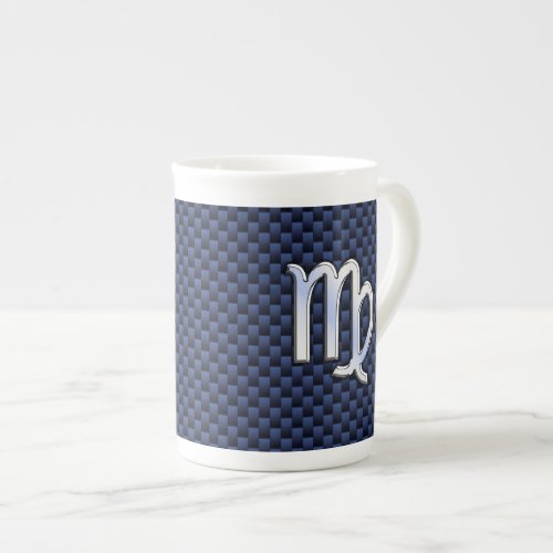 Virgo Zodiac Sign on Navy Blue Carbon Fiber Style Bone China Mug