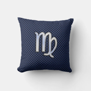 Virgo Zodiac Sign on Navy Blue Carbon Fiber Style Throw Pillow