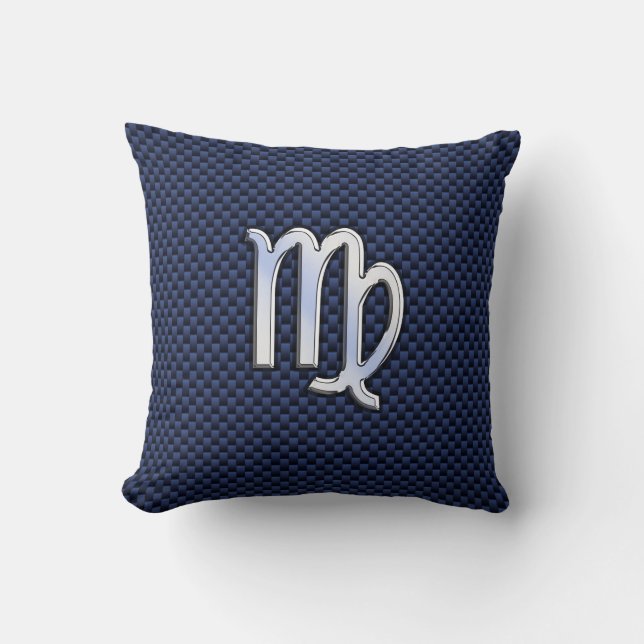Virgo Zodiac Sign on Navy Blue Carbon Fiber Style Throw Pillow (Front)