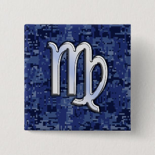 Virgo Zodiac Sign on Navy Blue Digital Camo Decor Pinback Button