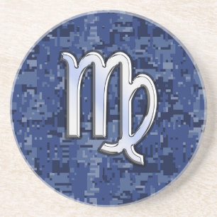 Virgo Zodiac Sign on Navy Blue Digital Camo Decor Sandstone Coaster