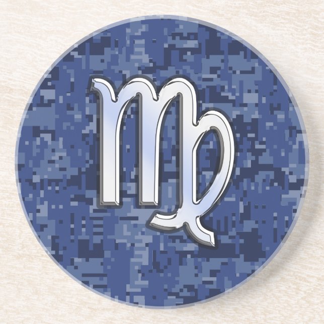 Virgo Zodiac Sign on Navy Blue Digital Camo Decor Sandstone Coaster (Front)