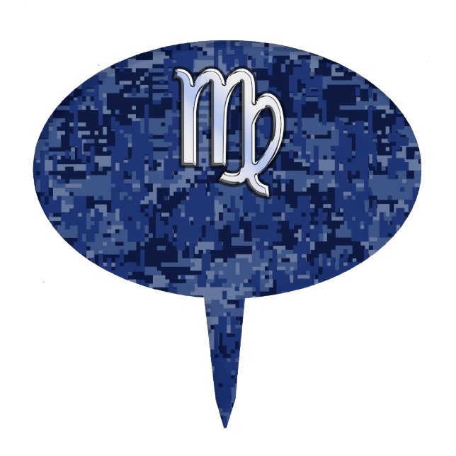 Virgo Zodiac Sign on Navy Blue Digital Camouflage Cake Topper (Front)