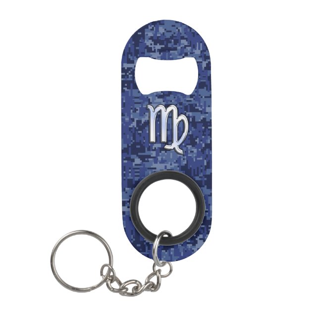 Virgo Zodiac Sign on Navy Blue Digital Camouflage Keychain Bottle Opener (Front)