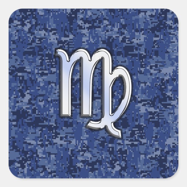 Virgo Zodiac Sign on Navy Blue Digital Camouflage Square Sticker (Front)