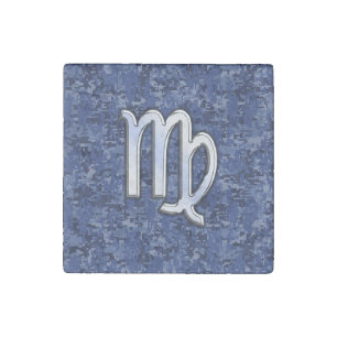 Virgo Zodiac Sign on Navy Blue Digital Camouflage Stone Magnet
