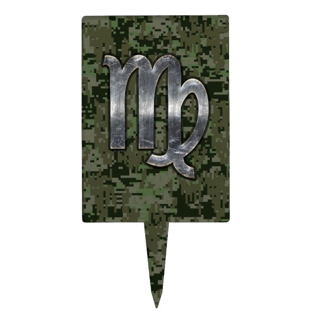 Virgo Zodiac Sign on Olive Green Digital Camo Cake Topper (Front)