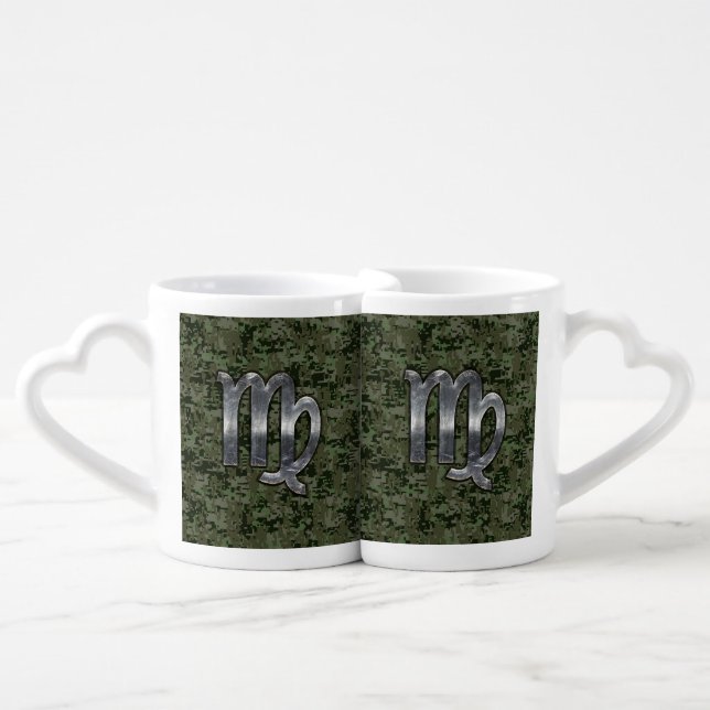 Virgo Zodiac Sign on Olive Green Digital Camo Coffee Mug Set (Front Nesting)