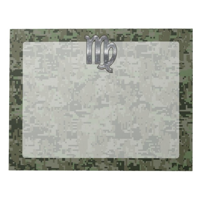 Virgo Zodiac Sign on Olive Green Digital Camo Notepad (Front)