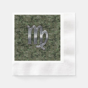 Virgo Zodiac Sign on Olive Green Digital Camo Paper Napkins