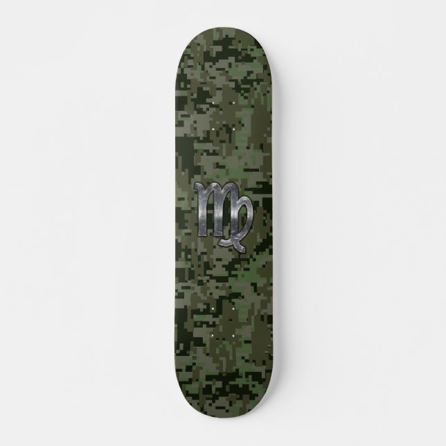 Virgo Zodiac Sign on Olive Green Digital Camo Skateboard Deck (Front)