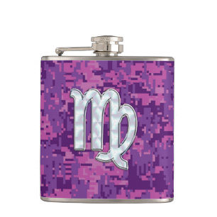 Virgo Zodiac Sign on Pink Digital Camouglage Hip Flask